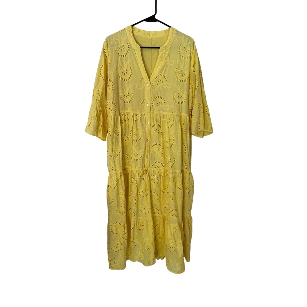 Yellow Cotton Eyelet Tiered Maxi Dress Boho Bell Sleeve Button Front Size L